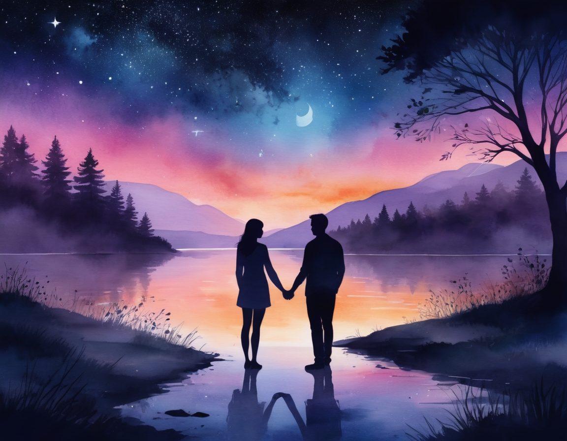 A dreamy scene depicting a couple engaged in a deep conversation under twinkling stars, surrounded by soft glowing lights and silhouettes of nature. Emphasize warmth and emotional closeness, with a gentle night sky as the backdrop. Incorporate elements of intimacy such as holding hands and gazing into each other's eyes, creating a cozy atmosphere. watercolor style. vibrant colors. romantic mood.