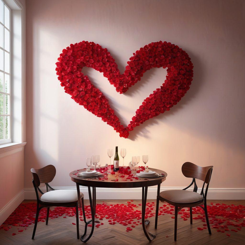 A captivating scene featuring a dimly lit romantic setting with soft candlelight, a beautifully arranged table for two, and delicate rose petals scattered around. In the background, a couple engaged in a flirtatious conversation, with glimmers of passion in their eyes. Incorporate subtle elements of art and creativity, such as a stunning painting of intertwined hearts on the wall. The mood should exude warmth and intimacy, inviting the viewer to explore the theme of seduction in modern romance. super-realistic. vibrant colors. soft focus.